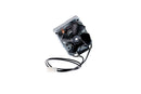 A compact black cooling fan featuring attached wires and a connector, mounted on a metal base, designed to optimize the performance of the Smokin Brothers Wood Pellet Grill Auger Motor system, shown isolated on a white background.
