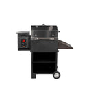 The Smokin Brothers Inferno Grill - 20″, a portable black pellet grill by Smokin Brothers, features digital controls, a side shelf, two wheels, a metal handle, and an open lower storage shelf for wood-fired performance. It is displayed against a white background.