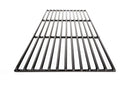 A black metal grill grate, such as the Smokin Brothers Long Grid Insert for 36 Premier Plus, is displayed from a low angle against a white background, its parallel bars extending from front to back—ideal for maximizing your top shelf cooking space.