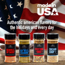 Four spice jars labeled Nashville Hot Chicken, Key West Seasoning, Everything + More, and Chicago Chop are displayed in front of a waving American flag with text promoting authentic American flavors. Experience The Spice Lab Taste of America Seasoning Collection—American-inspired spice blends from The Spice Lab that are perfect for grilling and bringing bold American taste to your kitchen.