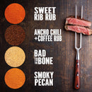 Four spice rub powders from The Spice Lab Grilling Seasoning Collection—Sweet Rib Rub, Ancho Chili + Coffee Rub, Bad to the Bone, and Smoky Pecan—rest beside their names. A fork holds two slices of medium-rare steak on a dark wooden surface, creating an inviting scene for any grilling enthusiast searching for the ultimate BBQ seasoning blends in this thoughtfully curated gift set by The Spice Lab.