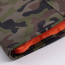 Close-up of the Messermeister Camouflage Knife Roll - 5 Pocket, showcasing its green and brown pattern with an orange zipper, photographed on a white background—ideal for Messermeister knife storage fans.