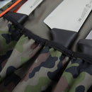 Close-up of several large knives with black handles stored in a Messermeister Camouflage Knife Roll - 5 Pocket, partially covered by a mesh flap.