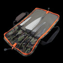 The Messermeister Camouflage Knife Roll - 5 Pocket neatly stores up to five kitchen knives, featuring an eye-catching orange zipper—ideal for organized chefs who need their tools secure and ready on the go.