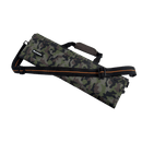 The Messermeister Camouflage Knife Roll - 8 Pocket by Messermeister, featuring black and orange straps, is displayed diagonally on a white background.