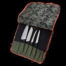 The Messermeister Camouflage Knife Roll - 8 Pocket features orange trim and neatly holds four kitchen knives of varying sizes, each secured in individual green pockets.