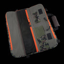 The Messermeister Camouflage Knife Roll - 8 Pocket, featuring orange zippers, mesh pocket, card slots, and pen loops, is shown open on a black background.