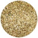Close-up image of The Spice Lab Mediterranean Citrus Seasoning by The Spice Lab, featuring dried, crushed herbs with vibrant green and yellow hues, artfully scattered in a circular frame against a white background—perfect for infusing Greek-inspired flavor into your favorite dishes.