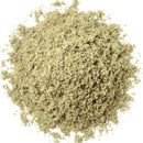 A mound of finely ground, light brown powder sits on a white background—The Spice Lab Organic Rubbed Sage by The Spice Lab, ideal for use in stuffing or as a classic poultry seasoning.