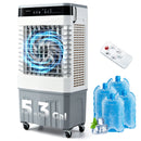 The DirectDeals Evaporative Air Cooler 2100 CFM with 5.3 Gal Tank features a swirling blue fan, caster wheels, remote control, and four blue ice packs for enhanced cooling.
