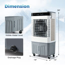 DirectDeals Evaporative Air Cooler 2100 CFM with 5.3 Gal Tank features caster wheels, front controls, side vents, water level indicator; measures 39″H x 19″W x 13″D with drainage plug shown in inset.