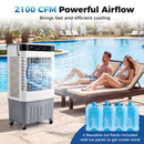A man and woman relax poolside beside a DirectDeals Evaporative Air Cooler 2100 CFM with 5.3 Gal Tank, featuring powerful airflow and four reusable ice packs for added cooling.