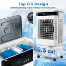 Split image of the DirectDeals Evaporative Air Cooler 2100 CFM with 5.3 Gal Tank: left shows top-fill water and ice packs added, right displays 5.3 Gal tank and ice cubes in the background.