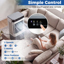 A woman relaxes on a beige couch, controlling a DirectDeals Evaporative Air Cooler 2100 CFM with 5.3 Gal Tank by remote. Inset shows the LED panel. Text highlights 3 speeds, 2 modes, cooling, swing, and timer features.