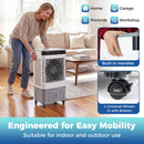 A woman moves the DirectDeals Evaporative Air Cooler 2100 CFM with 5.3 Gal Tank in a living room. Insets highlight built-in handles and 360° wheels for easy portability anywhere you need cooling.