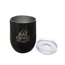 A black WPPO WPPO Hot and Cold Tumbler With Lid by WPPO LLC Direct, featuring "GET FIRED UP" and a flame logo, is displayed alongside its clear plastic lid on a white background. This stainless steel vacuum insulated tumbler keeps your beverages at the perfect temperature for hours.