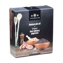 A box of The Spice Lab Himalayan Pink Salt Coarse & Organic Black Tellicherry Peppercorns Combo Pack, showing wooden bowls of salt and pepper, wooden spoons, and a pepper grinder on the front.