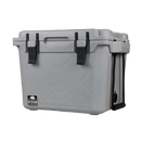 Gray 25 quart cooler by Bison Coolers with black latches and rope handles.