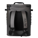 Introducing the Bob The Cooler Co. 25L "The Bro" Backpack Soft Cooler from Bob - The Cooler Co.—a gray backpack cooler featuring padded black and gray straps, a convenient top handle, and "Bobi Cool" printed on one strap. Built for durability, this soft cooler includes side handles and a top zipper closure for easy access to all your essentials.