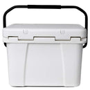 A front-facing view of the Bob The Cooler Co. 25QT / 23.6L "Wingman" Hard Cooler by Bob - The Cooler Co. shows its white, hard-sided insulated build with a sturdy black handle. The closed lid features two hinges and two round latches, while subtle vertical ridges on the smooth surface emphasize its durable, commercial-grade construction.