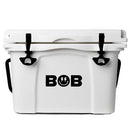 Introducing the Bob The Cooler Co. 25QT / 23.6L "Wingman" Hard Cooler—a commercial-grade white cooler from Bob - The Cooler Co., featuring sturdy black handles and the iconic BOB logo with a smiley face and lightning bolt mouth on the front. Designed to keep your items cold for hours, this durable cooler is perfect for every adventure.