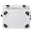 The Bob - The Cooler Co. 25QT / 23.6L "Wingman" Hard Cooler is shown from the bottom, highlighting its white hard-sided exterior with four gray non-slip feet at each corner and a raised design. This commercial-grade cooler also features two black latches on the upper front edge.