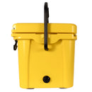A front view of the Bob The Cooler Co. 25QT / 23.6L "Wingman" Hard Cooler by Bob - The Cooler Co. shows its bright yellow color, sturdy insulated design, black handle, a black drain plug at the bottom center, and a latch on the left side.