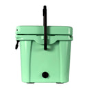 A mint green Bob The Cooler Co. 25QT / 23.6L "Wingman" Hard Cooler from Bob - The Cooler Co., shown from the front against a white background, features a black handle and latch as well as a built-in bottle opener—perfect for keeping your beverages cold.