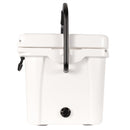 A front view of the Bob The Cooler Co. 25QT / 23.6L "Wingman" Hard Cooler by Bob - The Cooler Co., featuring a white, hard-sided design with a black handle in the upright position, a black latch on the left, and a drain plug at the bottom center.