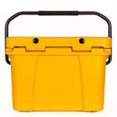 A vibrant yellow Bob - The Cooler Co. 25QT / 23.6L "Wingman" Hard Cooler with a sturdy black handle, displayed front-facing against a white background. Engineered for superior portability and durability, this insulated cooler provides commercial-grade performance.