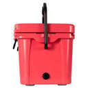 A front view of the Bob - The Cooler Co. 25QT / 23.6L "Wingman" Hard Cooler shows its vibrant red design, black handle, and convenient drain plug set against a white background.