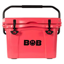 A vibrant pink Bob - The Cooler Co. 25QT "Wingman" Hard Cooler featuring a black handle and latches, with the word "BOB" on the front—complete with a smiley face inside the letter O. This playful insulated cooler is ideal for any adventure.