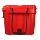Red 25 QT cooler by Bison with a textured finish and black rope handles.