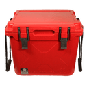 Red cooler by Bison Coolers with black latches and rope handles against a black background.