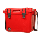 Red 25 quart cooler by Bison Coolers with black rope handle, and geometric details.