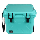 Seafoam 25-quart cooler by Bison Coolers, featuring black latches and handles, with measurement markings on top.
