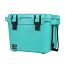 Seafoam colored 25-quart cooler by Bison Coolers with black latches and carrying strap.