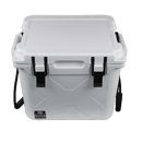 White 25 quart cooler by Bison, featuring a speckled texture, black latches, and molded-in ruler on the lid.
