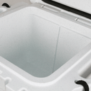 White cooler by Tennessee Tristar, showing a speckled texture and integrated divider from an elevated angle.