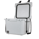 White 25-quart cooler by Bison Coolers, with a patterned texture, black handle and an open lid.