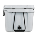 White cooler by Tennessee Tristar with black rope handles and a textured surface.