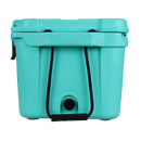 Seafoam cooler by Bison, with black rope handles and a black drain plug on a black background.