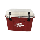 The Taiga Coolers 27 Quart Terra Fireside Red Cooler features a red and white design, two black latches, and a fish graphic on the front, shown against a plain white background.