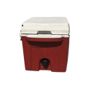 The Taiga Coolers 27 Quart Terra Fireside Red Cooler, in red and white with a front spout, is a portable cooler by Taiga Coolers—ideal for any adventure and shown against a plain white background.