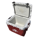An open Taiga Coolers 27 Quart Terra Fireside Red Cooler shows its spacious interior and fish engravings on the lid and exterior, with side handles for easy carrying.