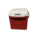 The Taiga Coolers 27 Quart Terra Fireside Red Cooler by Taiga Coolers, featuring a red and white design with a handle, is displayed against a plain white background.