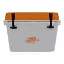 The Taiga Coolers 27 Quart Orange Cooler by Taiga Coolers offers heavy-duty insulation, an orange lid with two black latches, and a bold orange fish graphic on the front.