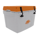The Taiga Coolers 27 Quart Orange Cooler features heavy-duty insulation, black latches, an orange fish logo, and a tough orange lid—perfect for keeping items cold.