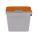 The Taiga Coolers 27 Quart Orange Cooler from Taiga Coolers features heavy-duty insulation with a white body and orange lid, displayed against a plain white background.