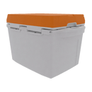 The Taiga Coolers 27 Quart Orange Cooler is pictured slightly open with its bright orange lid, showcasing heavy-duty insulation against a plain white background.